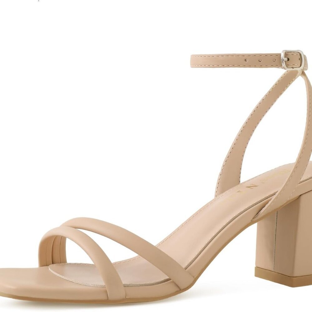 Women Strappy Leather Heels 2.7 Inch Chunky Block Square Toe Ankle Buckle
